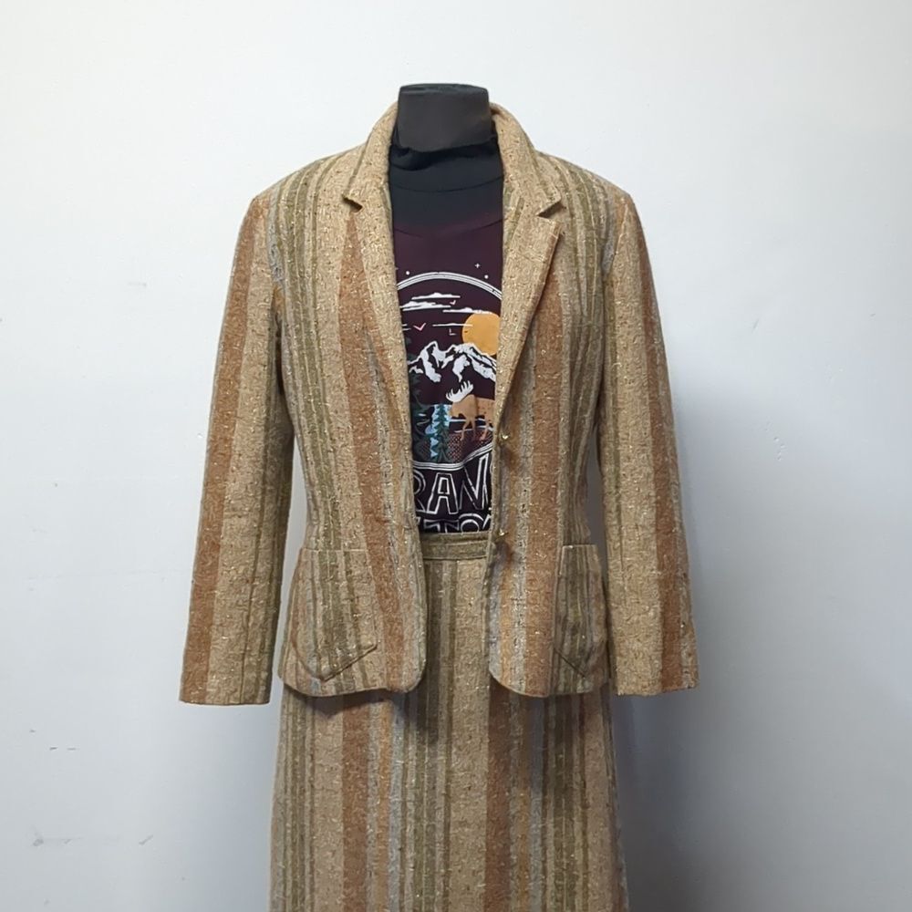 Vintage 1980s Light Academia Tan Tweed Striped Jacket and Skirt Set, Size S
